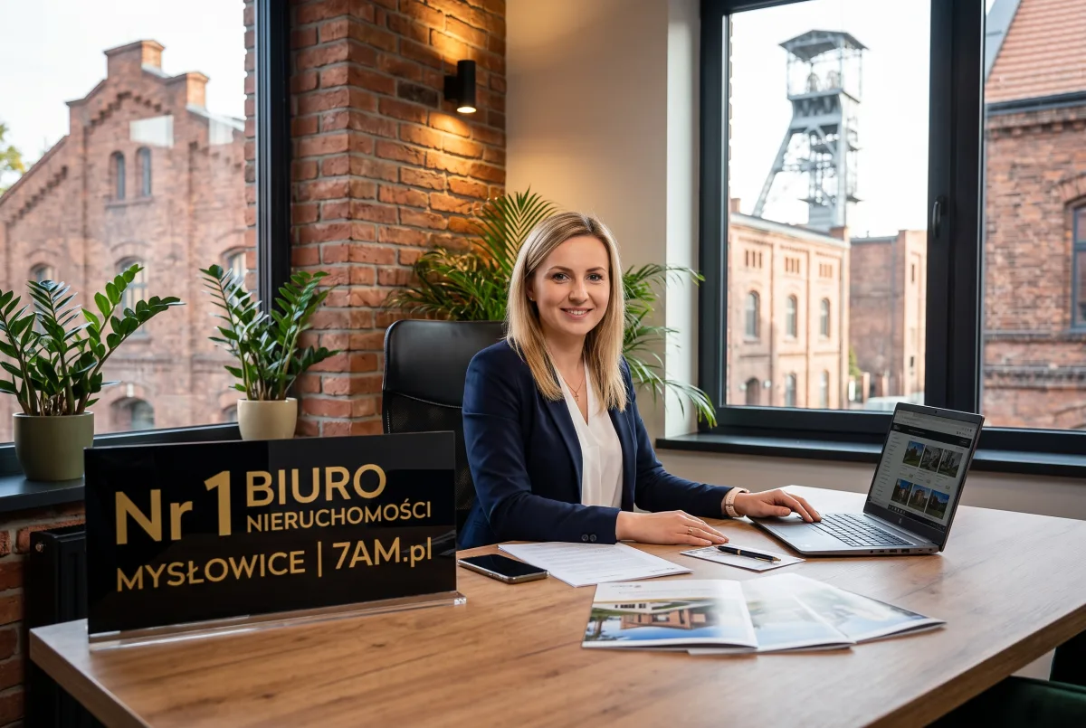 Agentka przy biurku w nowoczesnym biurze nieruchomości Mysłowice 7AM.pl